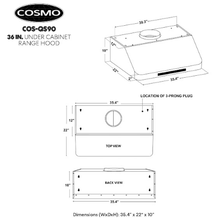 Cosmo Range Hood Cosmo 36" Ducted Under Cabinet Range Hood in Stainless Steel with Touch Display, LED Lighting and Permanent Filters COS-QS90