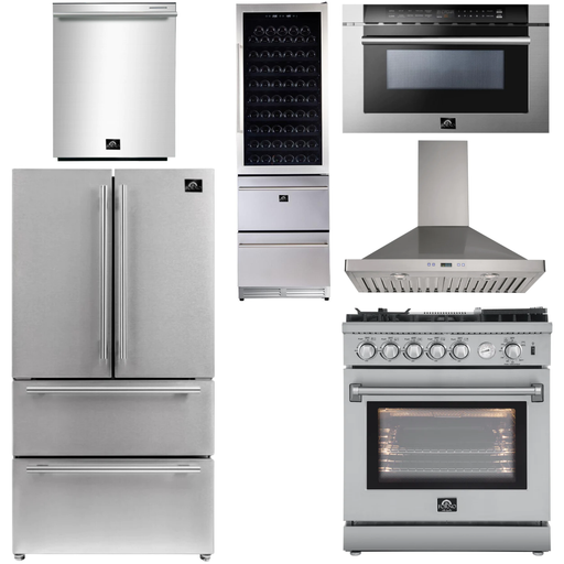 Forno Kitchen Appliance Packages Forno 30" Gas Range with Airfryer, Range Hood, 36" Refrigerator, Dishwasher, Microwave Drawer and Wine Cooler Appliance Package