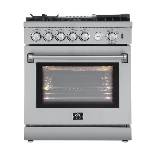 Forno Kitchen Appliance Packages Forno 30" Gas Range with Airfryer, Range Hood, 36" Refrigerator, Dishwasher, Microwave Drawer and Wine Cooler Appliance Package