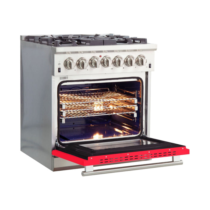 Forno Ranges Forno 30-Inch Capriasca Dual Fuel Range with 5 Gas Burners and 240v Electric Oven in Stainless Steel with Red Door (FFSGS6187-30RED)