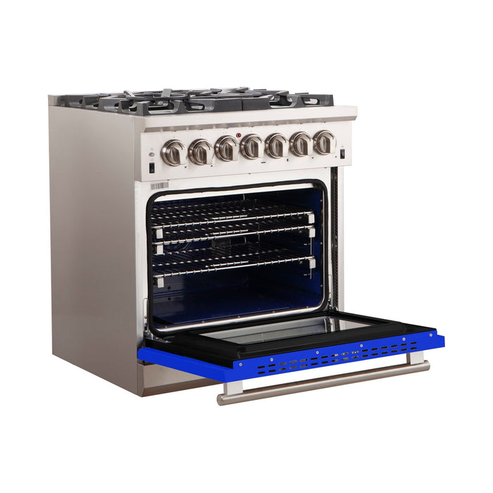 Forno Ranges Forno 30-Inch Capriasca Gas Range with 5 Burners and Convection Oven in Stainless Steel with Blue Door (FFSGS6260-30BLU)