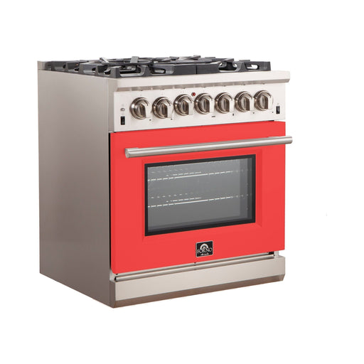 Forno Ranges Forno 30-Inch Capriasca Gas Range with 5 Burners and Convection Oven in Stainless Steel with Red Door (FFSGS6260-30RED)