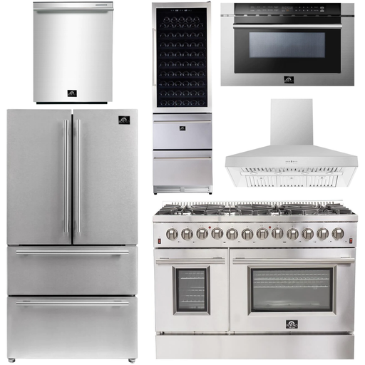Forno Kitchen Appliance Packages Forno 48" Gas Burner, Electric Oven Range, Range Hood, 36" Refrigerator, Dishwasher, Microwave Drawer and Wine Cooler Appliance Package