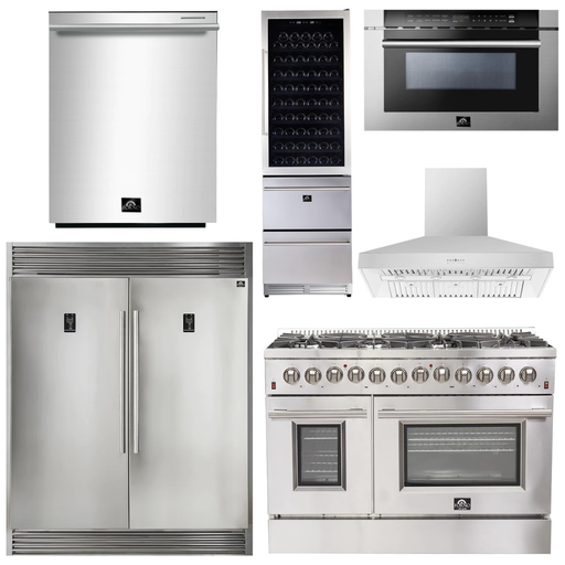 Forno Kitchen Appliance Packages Forno 48" Gas Burner, Electric Oven Range, Range Hood, 60" Refrigerator, Dishwasher, Microwave Drawer and Wine Cooler Appliance Package