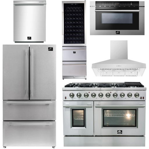 Forno Kitchen Appliance Packages Forno 48" Gas Range, Range Hood, 36" Refrigerator, Dishwasher, Microwave Drawer and Wine Cooler Appliance Package
