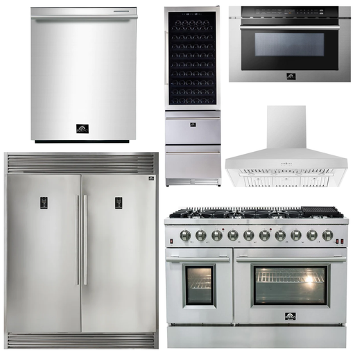 Forno Kitchen Appliance Packages Forno 48" Gas Range, Range Hood, 60" Refrigerator, Dishwasher, Microwave Drawer and Wine Cooler Appliance Package