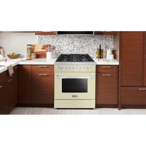Hallman Range Hallman 30 In. Range with Gas Burners and Electric Oven, Antique White with Chrome Trim - Bold Series, HBRDF30CMAW