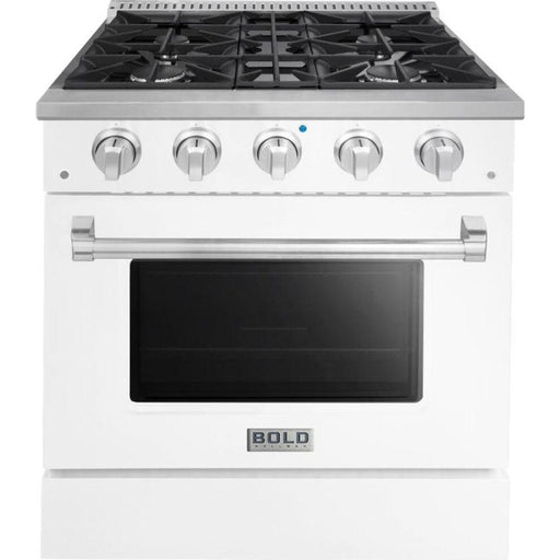 Hallman Range Hallman 30 In. Range with Gas Burners and Electric Oven, White with Chrome Trim - Bold Series, HBRDF30CMWT