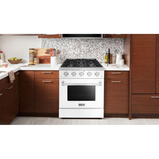 Hallman Range Hallman 30 In. Range with Gas Burners and Electric Oven, White with Chrome Trim - Bold Series, HBRDF30CMWT