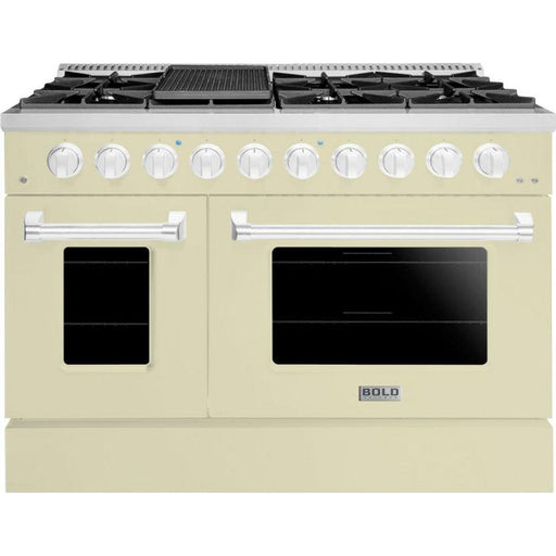 Hallman Range Hallman 48 In. Range with Gas Burners and Electric Oven, Antique White with Chrome Trim - Bold Series, HBRDF48CMAW