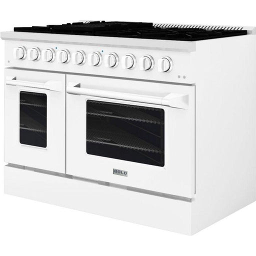Hallman Range Hallman 48 In. Range with Gas Burners and Electric Oven, White with Chrome Trim - Bold Series, HBRDF48CMWT