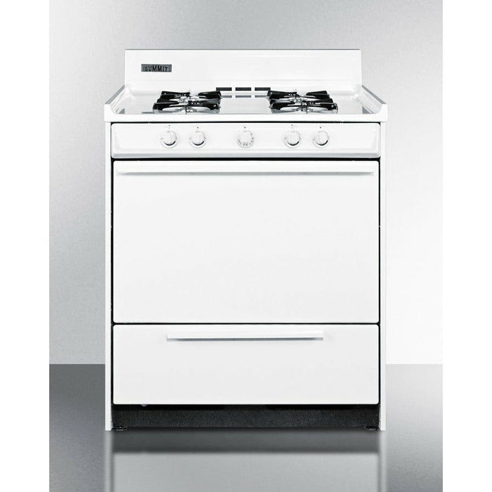 Summit Ranges Summit 30" Wide Gas Range with Natural Gas, 4 Open Burners, 3.7 cu. ft. Total Oven Capacity, Broiler Drawer, in White - WNM210