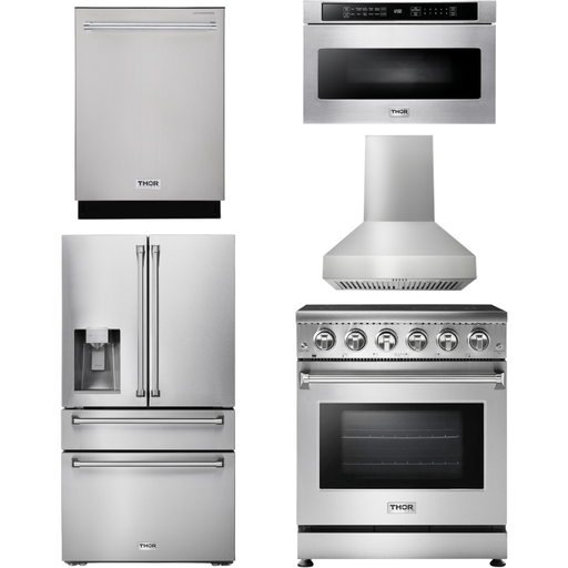 Thor Kitchen Kitchen Appliance Packages Thor Kitchen 30 In. Electric Range, Range Hood, Microwave Drawer, Refrigerator with Water and Ice Dispenser, Dishwasher Appliance Package