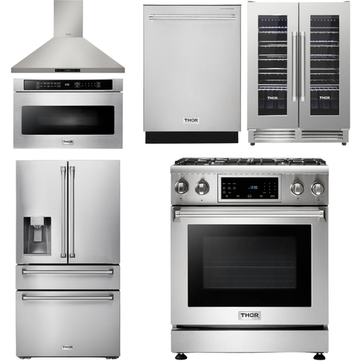 Thor Kitchen Kitchen Appliance Packages Thor Kitchen 30 In. Gas Range, Range Hood, Microwave Drawer, Refrigerator with Water and Ice Dispenser, Dishwasher, Wine Cooler Appliance Package