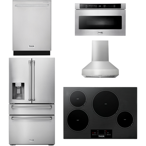 Thor Kitchen Kitchen Appliance Packages Thor Kitchen 30 In. Induction Cooktop, Range Hood, Microwave Drawer, Refrigerator with Water and Ice Dispenser, Dishwasher Appliance Package