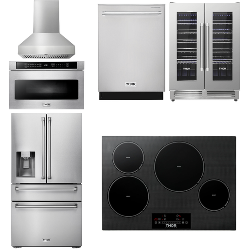 Thor Kitchen Kitchen Appliance Packages Thor Kitchen 30 In. Induction Cooktop, Range Hood, Microwave Drawer, Refrigerator with Water and Ice Dispenser, Dishwasher, Wine Cooler Appliance Package