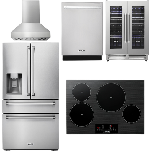 Thor Kitchen Kitchen Appliance Packages Thor Kitchen 30 In. Induction Cooktop, Range Hood, Refrigerator with Water and Ice Dispenser, Dishwasher, Wine Cooler Appliance Package