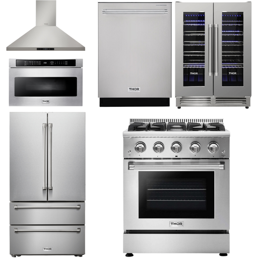 Thor Kitchen Kitchen Appliance Packages Thor Kitchen 30 In. Natural Gas Range, Range Hood, Microwave Drawer, Refrigerator, Dishwasher & Wine Cooler Appliance Package
