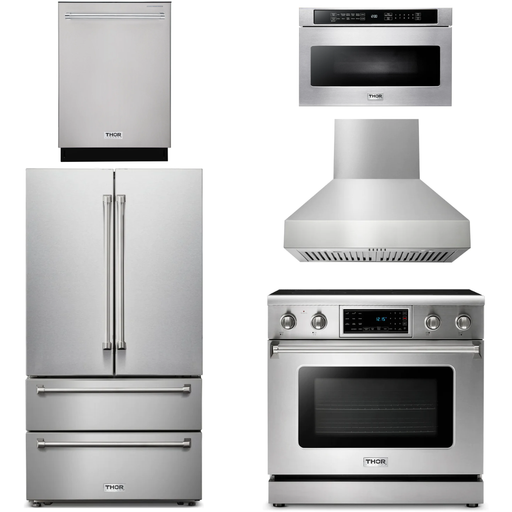 Thor Kitchen Kitchen Appliance Packages Thor Kitchen 36 In. Electric Range, Range Hood, Microwave Drawer, Refrigerator, Dishwasher Appliance Package
