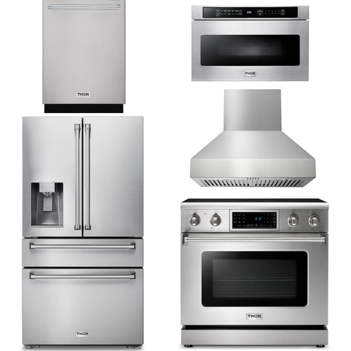 Thor Kitchen Kitchen Appliance Packages Thor Kitchen 36 In. Electric Range, Range Hood, Microwave Drawer, Refrigerator with Water and Ice Dispenser, Dishwasher Appliance Package