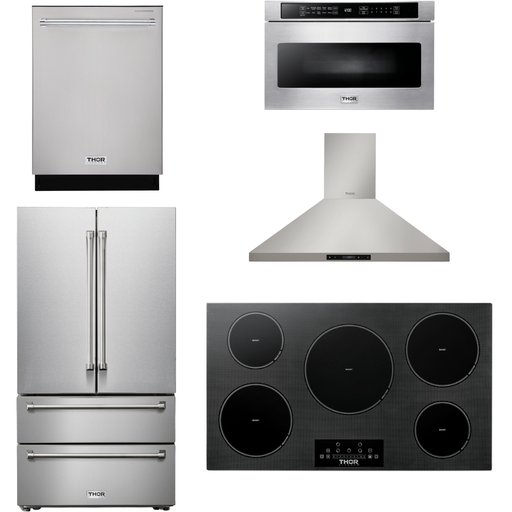 Thor Kitchen Kitchen Appliance Packages Thor Kitchen 36 In. Induction Cooktop, Range Hood, Microwave Drawer, Refrigerator, Dishwasher Appliance Package