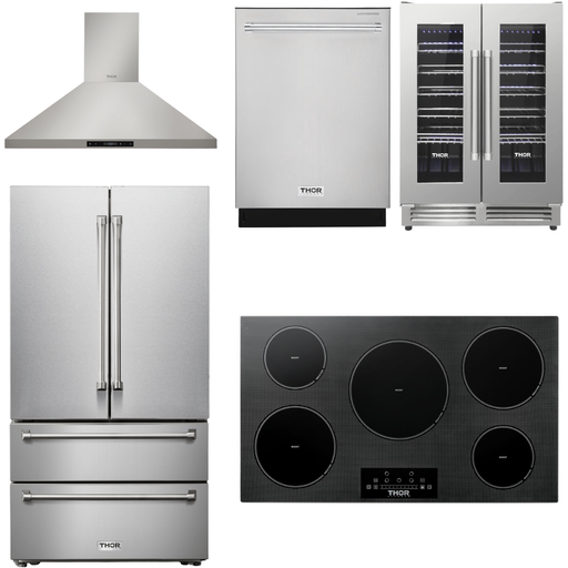 Thor Kitchen Kitchen Appliance Packages Thor Kitchen 36 In. Induction Cooktop, Range Hood, Refrigerator, Dishwasher, Wine Cooler Appliance Package