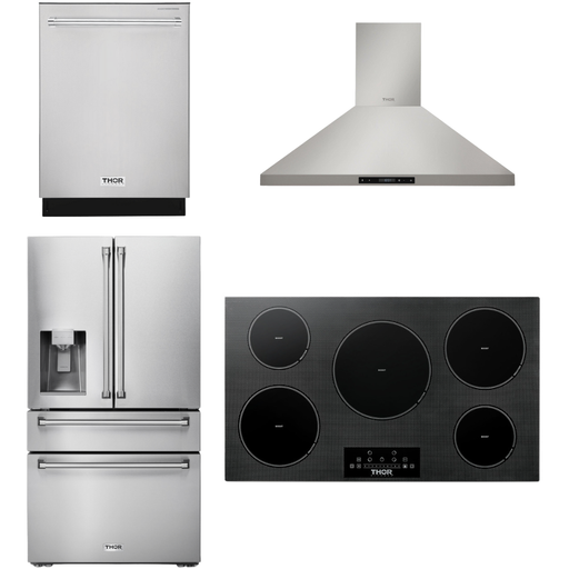 Thor Kitchen Kitchen Appliance Packages Thor Kitchen 36 In. Induction Cooktop, Range Hood, Refrigerator with Water and Ice Dispenser, Dishwasher Appliance Package