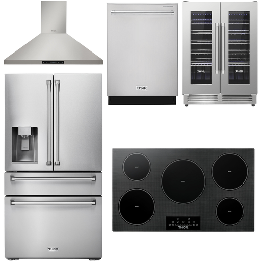 Thor Kitchen Kitchen Appliance Packages Thor Kitchen 36 In. Induction Cooktop, Range Hood, Refrigerator with Water and Ice Dispenser, Dishwasher, Wine Cooler Appliance Package