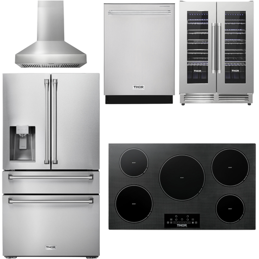 Thor Kitchen Kitchen Appliance Packages Thor Kitchen 36 In. Induction Cooktop, Range Hood, Refrigerator with Water and Ice Dispenser, Dishwasher, Wine Cooler Appliance Package