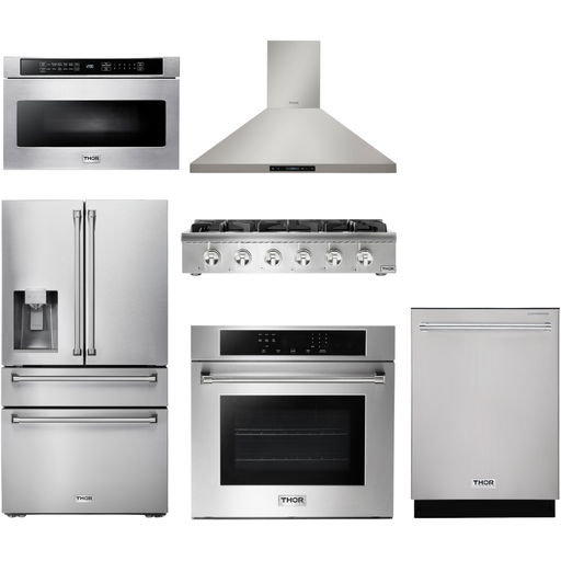 Thor Kitchen Kitchen Appliance Packages Thor Kitchen 36 In. Propane Gas Rangetop, Range Hood, Wall Oven, Refrigerator with Water and Ice Dispenser, Dishwasher, Microwave Drawer Appliance Package