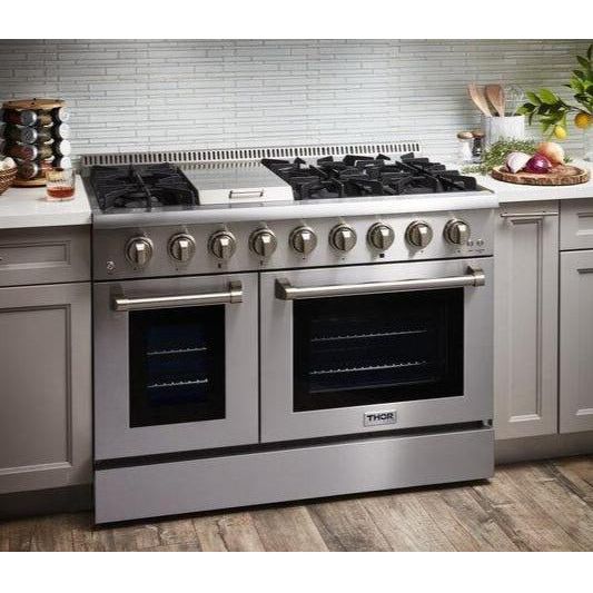 Thor Kitchen Kitchen Appliance Packages Thor Kitchen 48 In. Propane Gas Burner, Electric Oven Range, Refrigerator with Water and Ice Dispenser, Dishwasher Appliance Package