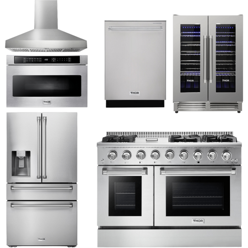 Thor Kitchen Kitchen Appliance Packages Thor Kitchen 48 in. Propane Gas Range, Range Hood, Refrigerator with Water and Ice Dispenser, Dishwasher, Microwave Drawer, Wine Cooler Appliance Package