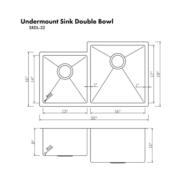 ZLINE Kitchen Sinks ZLINE 32 in. Jackson Undermount Double Bowl Stainless Steel Kitchen Sink with Bottom Grid, SRDL-32