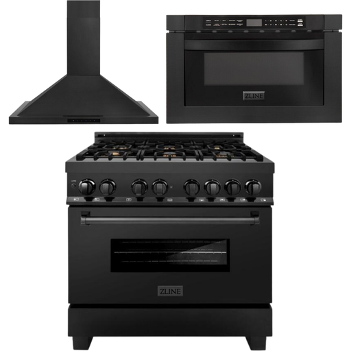 ZLINE Kitchen Appliance Packages ZLINE 36 in. Black Stainless Steel Dual Fuel Range, Convertible Vent Range Hood and Microwave Drawer Kitchen Appliance Package 3KP-RABRH36-MW