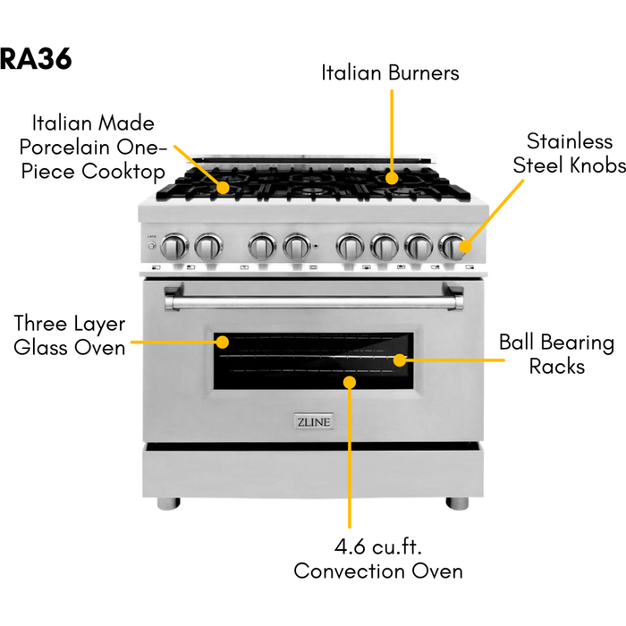 ZLINE Kitchen Appliance Packages ZLINE 36 in. Dual Fuel Range, Range Hood, Microwave Drawer and 3 Rack Dishwasher Appliance Package 4KP-RARH36-MWDWV