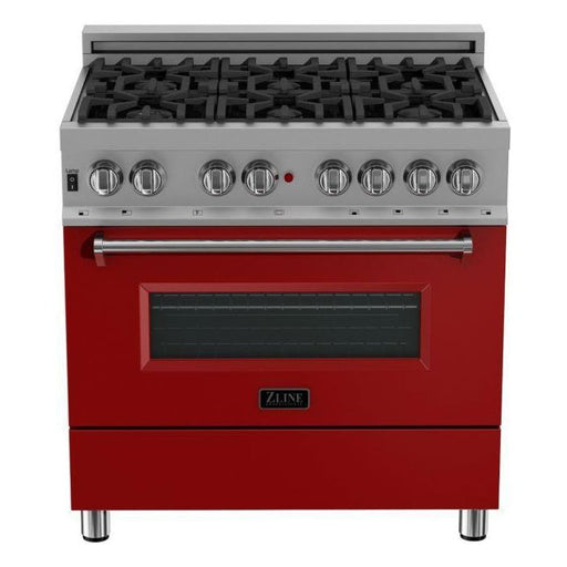 ZLINE Ranges ZLINE 36 in. Professional Gas Burner/Electric Oven in DuraSnow Stainless with Red Matte Door RAS-RM-36
