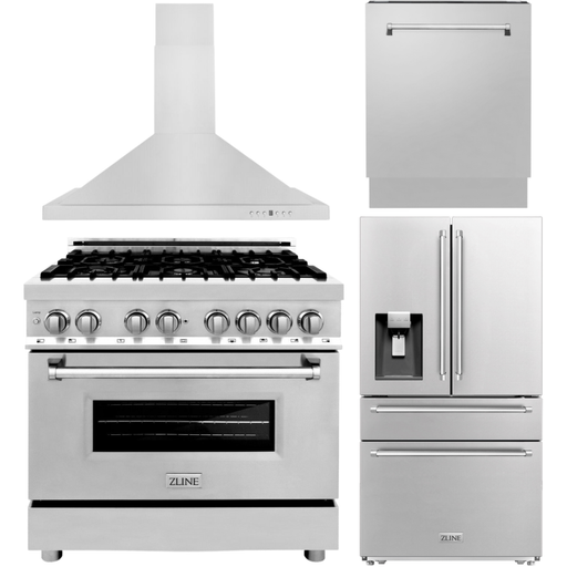 ZLINE Kitchen Appliance Packages ZLINE 4-Piece Appliance Package - 36 In. Dual Fuel Range, Refrigerator with Water and Ice Dispenser, Range Hood and Dishwasher in Stainless Steel, 4KPRW-RARH36-DWV