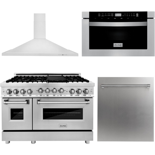 ZLINE Kitchen Appliance Packages ZLINE 48 in. Gas Range, Range Hood, Microwave Drawer and Dishwasher Appliance Package 4KP-RGRH48-MWDW