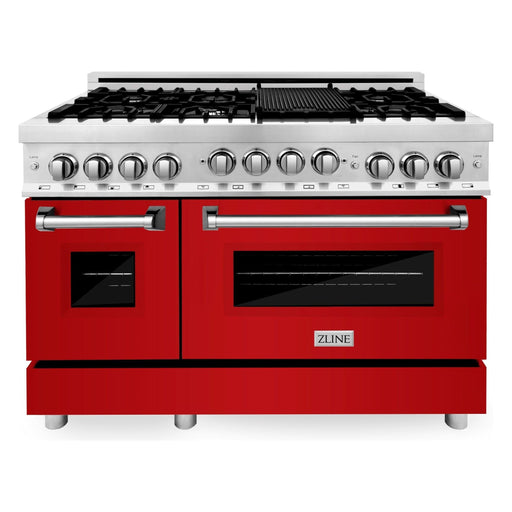 ZLINE Ranges ZLINE 48 Inch 6.0 cu. ft. Range with Gas Stove and Gas Oven In Stainless Steel and Red Gloss Door RG-RG-48