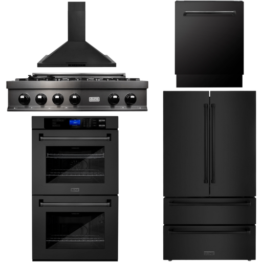 ZLINE Kitchen Appliance Packages ZLINE 5-Piece Appliance Package - 36 In. Gas Rangetop, Range Hood, Refrigerator, Dishwasher and Double Wall Oven in Black Stainless Steel, 5KPR-RTBRH36-AWDDWV