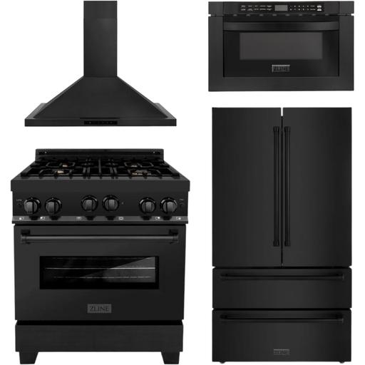 ZLINE Kitchen Appliance Packages ZLINE Appliance Package - 30 in. Gas Range, Range Hood, Microwave, Refrigerator in Black Stainless, 4KPR-RGBRH30-MW