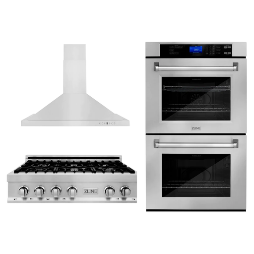 ZLINE Kitchen Appliance Packages ZLINE Appliance Package - 30" Professional Double Wall Oven, 36" Rangetop, Range Hood In Stainless Steel, 3KP-RTRH36-AWD