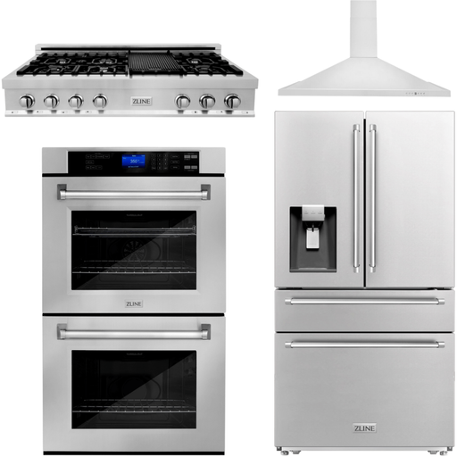 ZLINE Kitchen Appliance Packages ZLINE Appliance Package - 48 In. Rangetop, Range Hood, Refrigerator with Water and Ice Dispenser and Double Wall Oven, 4KPRW-RTRH48-AWD