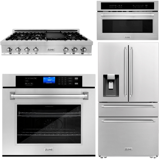 ZLINE Kitchen Appliance Packages ZLINE Appliance Package - 48 In. Rangetop, Refrigerator with Water and Ice Dispenser, Microwave and Wall Oven in Stainless Steel, 4KPRW-RT48-MWAWS