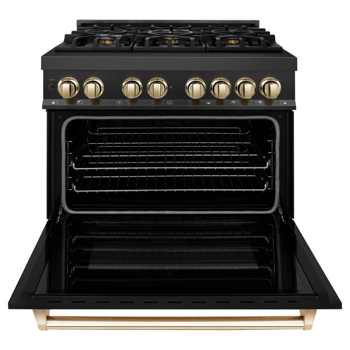ZLINE Ranges ZLINE Autograph 36 in. Range with Gas Burner and Electric Oven In Black Stainless Steel with Gold Accents RABZ-36-G