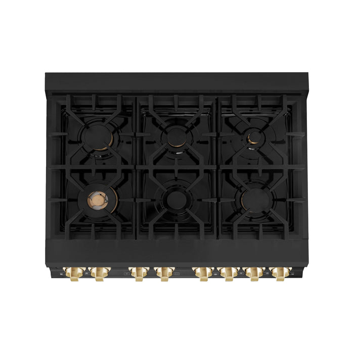 ZLINE Ranges ZLINE Autograph 36 in. Range with Gas Burner and Electric Oven In Black Stainless Steel with Gold Accents RABZ-36-G