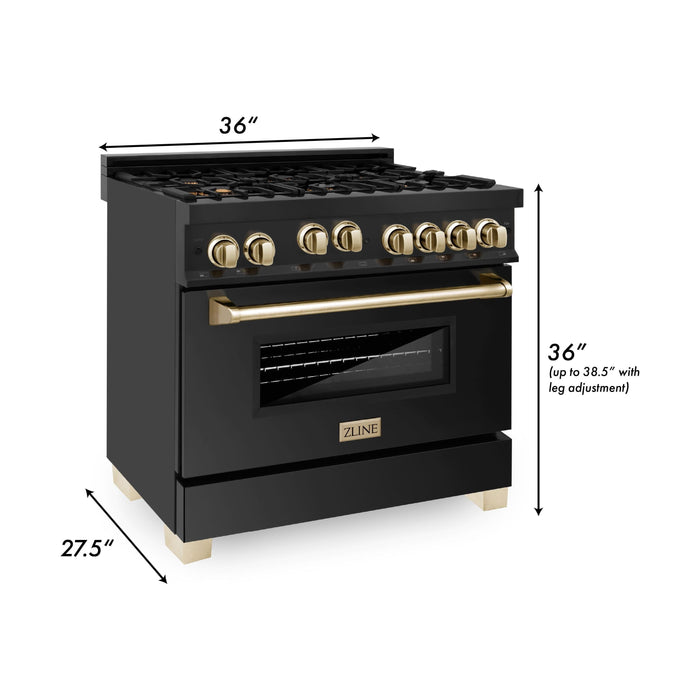 ZLINE Ranges ZLINE Autograph 36 in. Range with Gas Burner and Gas Oven In Black Stainless Steel with Gold Accents RGBZ-36-G