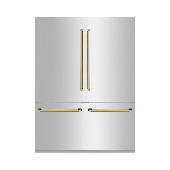 ZLINE Refrigerators ZLINE Autograph 60 In. 32.2 cu. ft. Built-In 4-Door Refrigerator with Internal Water and Ice Dispenser In Stainless Steel and Gold Accents RBIVZ-304-60-G