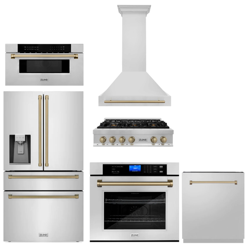 ZLINE Kitchen Appliance Packages ZLINE Autograph Bronze Package - 36" Rangetop, 36" Range Hood, Dishwasher, Refrigerator with External Water and Ice Dispenser, Microwave Drawe, Wall Oven