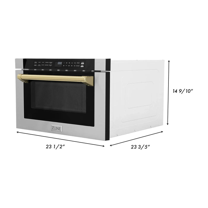ZLINE Microwaves ZLINE Autograph Edition 24" 1.2 cu. ft. Built-in Microwave Drawer with a Traditional Handle In Stainless Steel and Gold Accents MWDZ-1-H-G